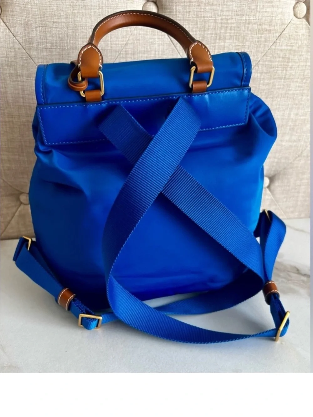 Tory Burch Perry Blue Nylon Backpack Leather Trim Gold Hardware NWOT